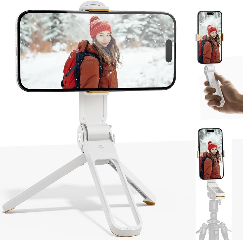 TODI Phone Tripod, Foldable Mini Desk Stand with 360° Phone Holder & Cold Shoe (Beige White) - Image 1